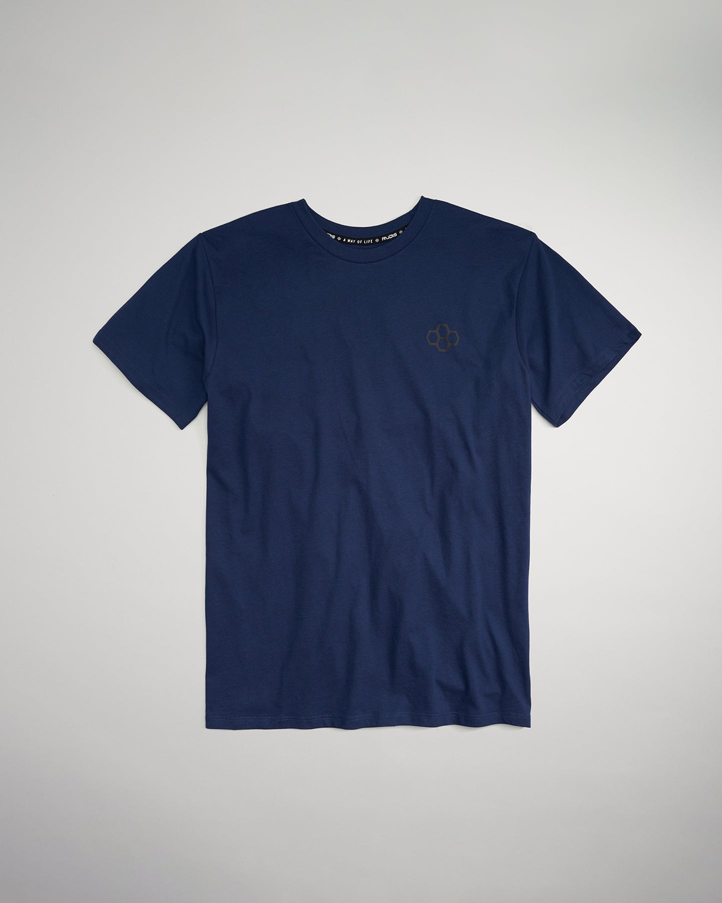 A navy blue t-shirt featuring a subtle branded logo on the left chest area designed for casual wear