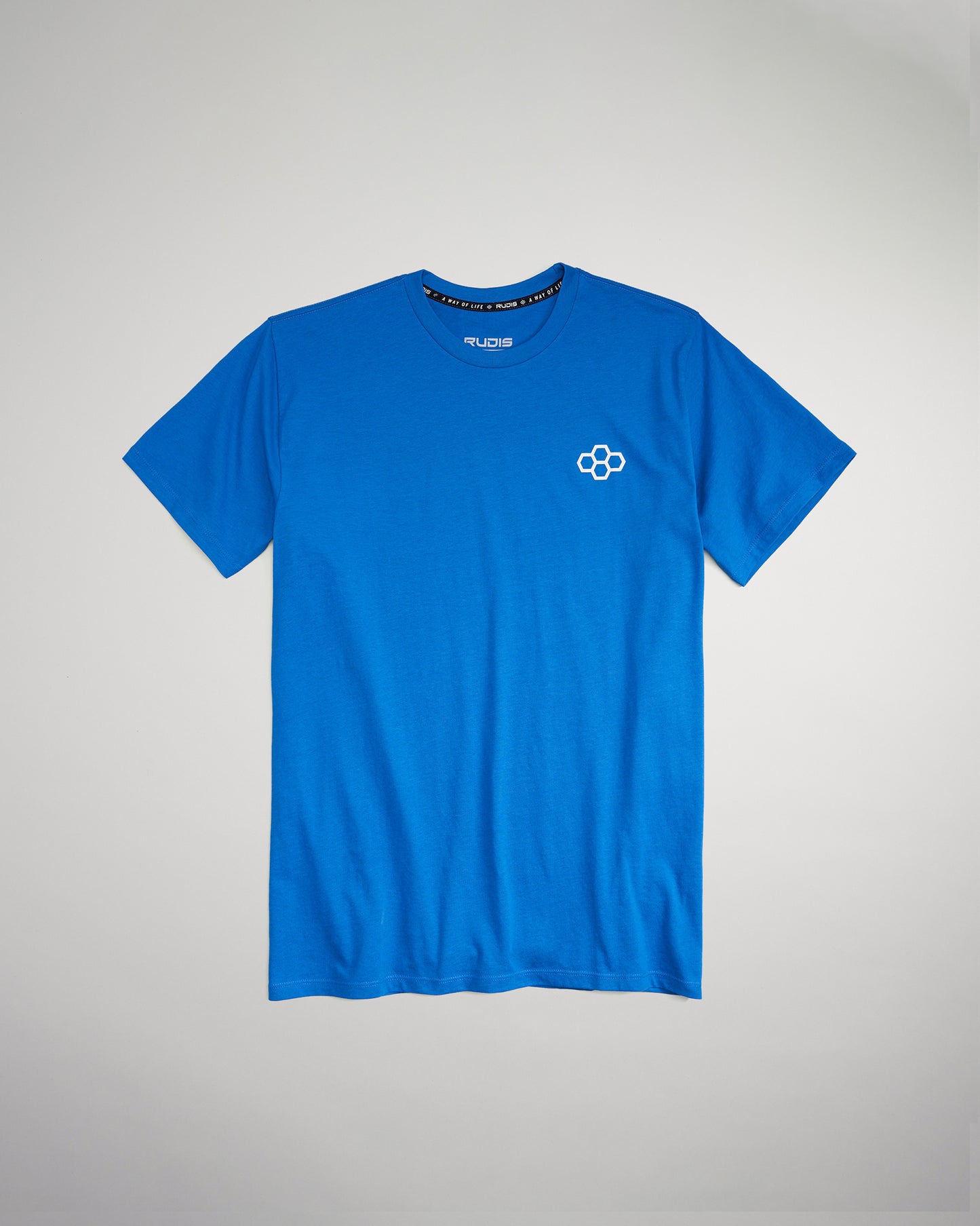 A vibrant blue T-shirt featuring a minimalist white logo on the chest designed for comfort and casual wear
