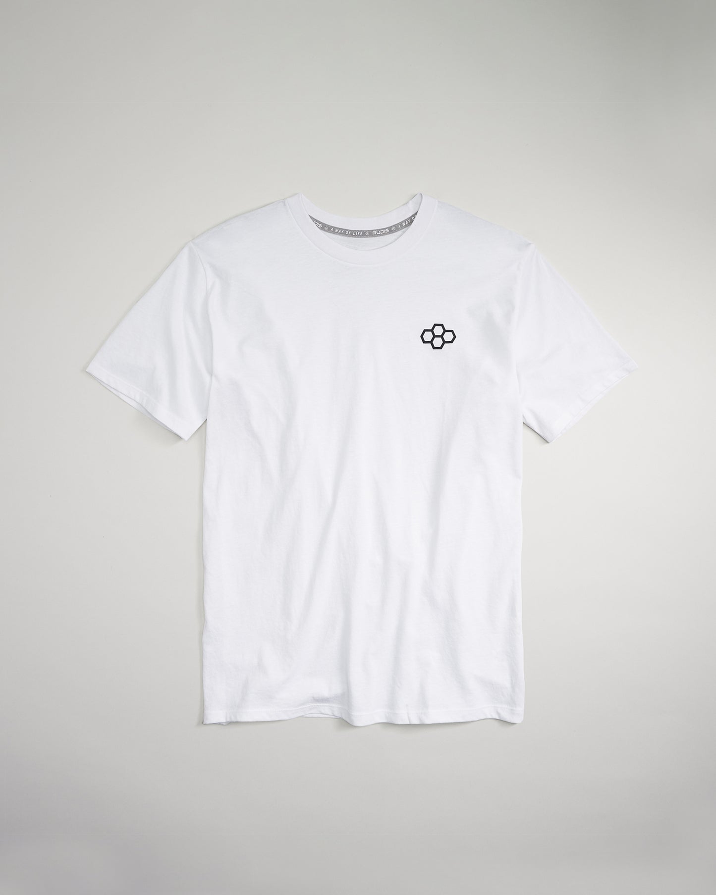 A white short-sleeve t-shirt featuring a small black floral design on the left chest area
