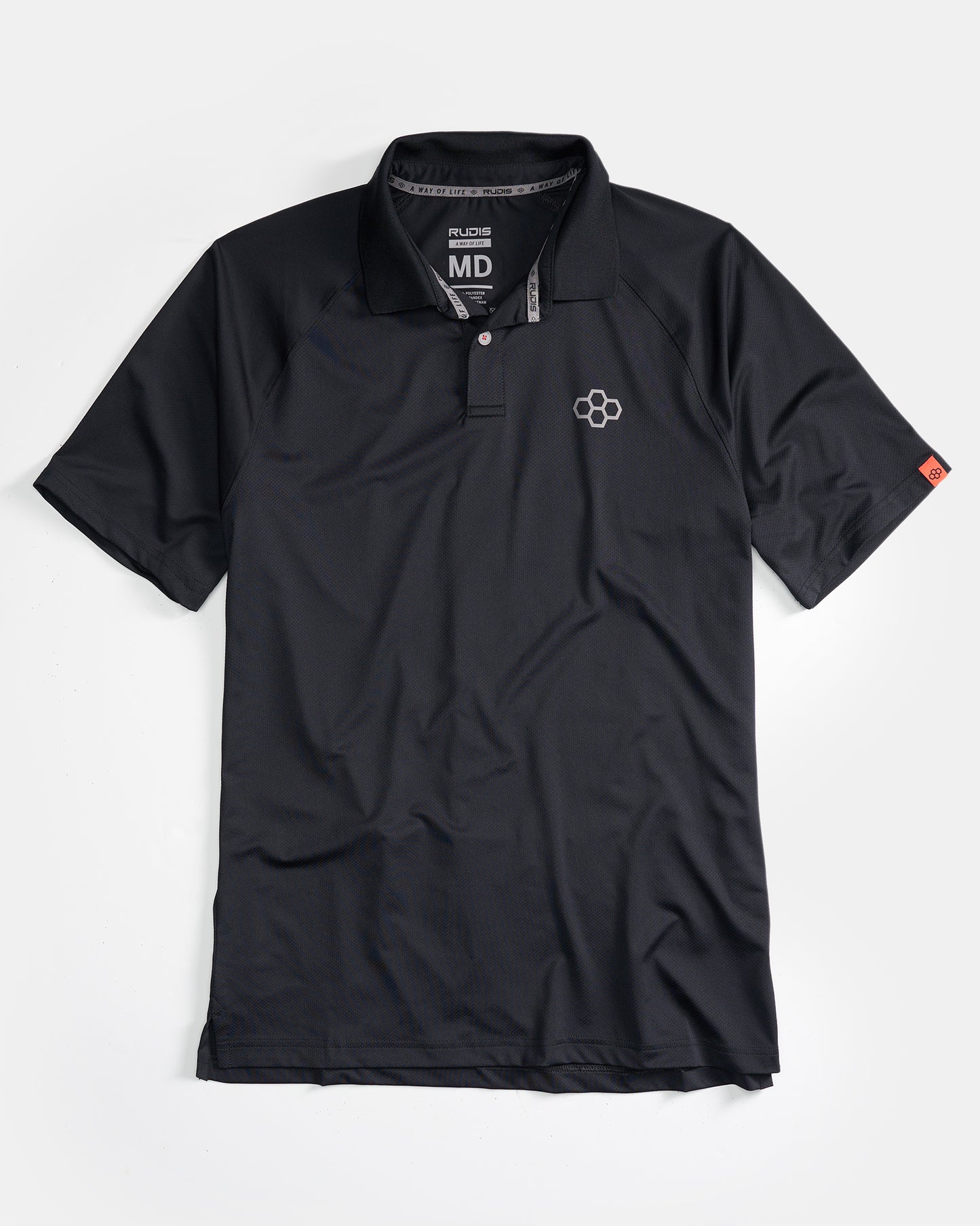 A black athletic polo shirt featuring a subtle logo made from breathable fabric and designed for comfort during physical activities