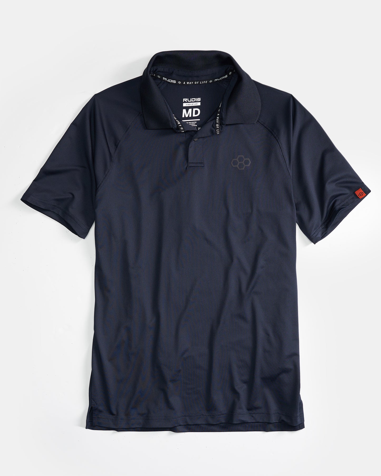 A sleek navy blue polo shirt made from lightweight breathable fabric designed for comfort during physical activities