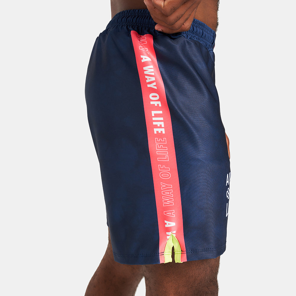 Navy blue athletic shorts featuring bold text and vibrant trim designed for active lifestyles