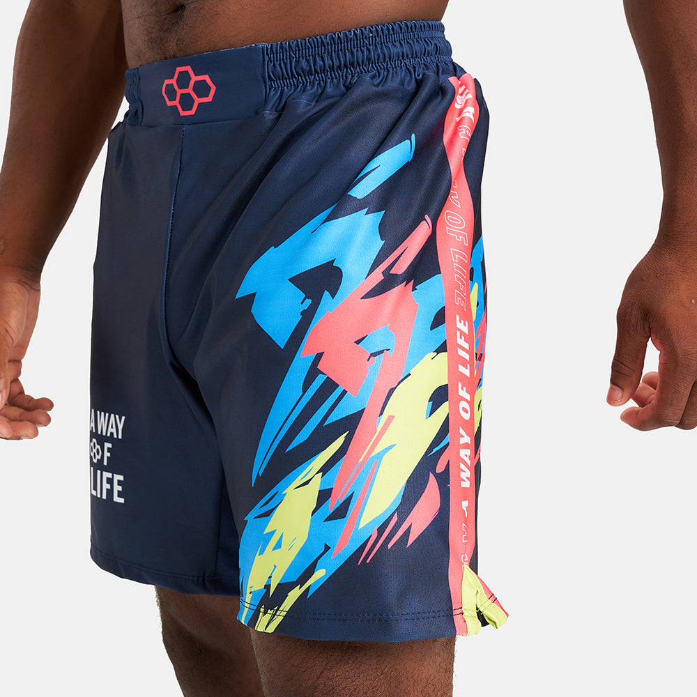 Colorful athletic shorts featuring a bold graphic design in blue yellow and red with the phrase A WAY OF LIFE