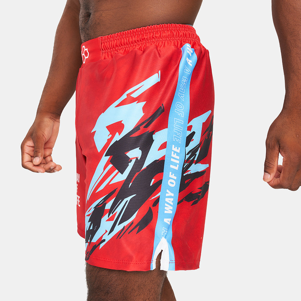 Vibrant red swim shorts featuring dynamic black and blue graphics and an elastic waistband for comfort