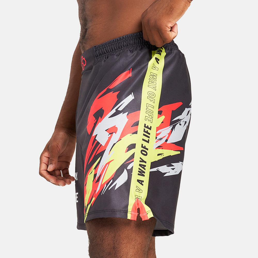 These athletic shorts feature a bold design with striking red yellow and black colors making them ideal for active wear