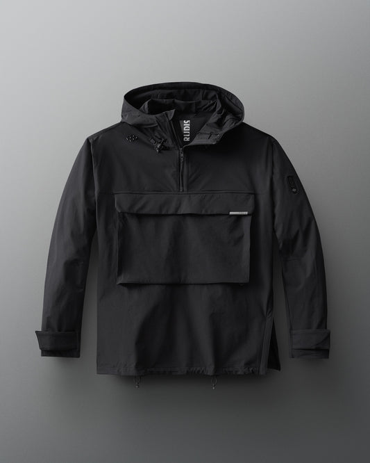 A black 1/4 zip windbreaker jacket with a hood and front gear pocket.