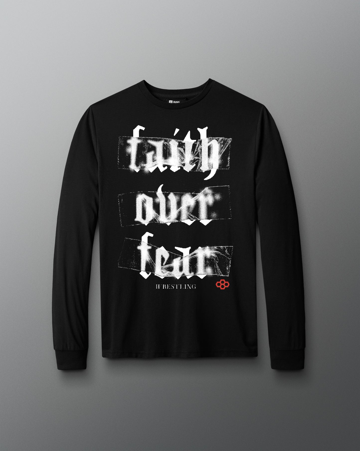 Black long-sleeve shirt with 'faith over fear' text on a gray background