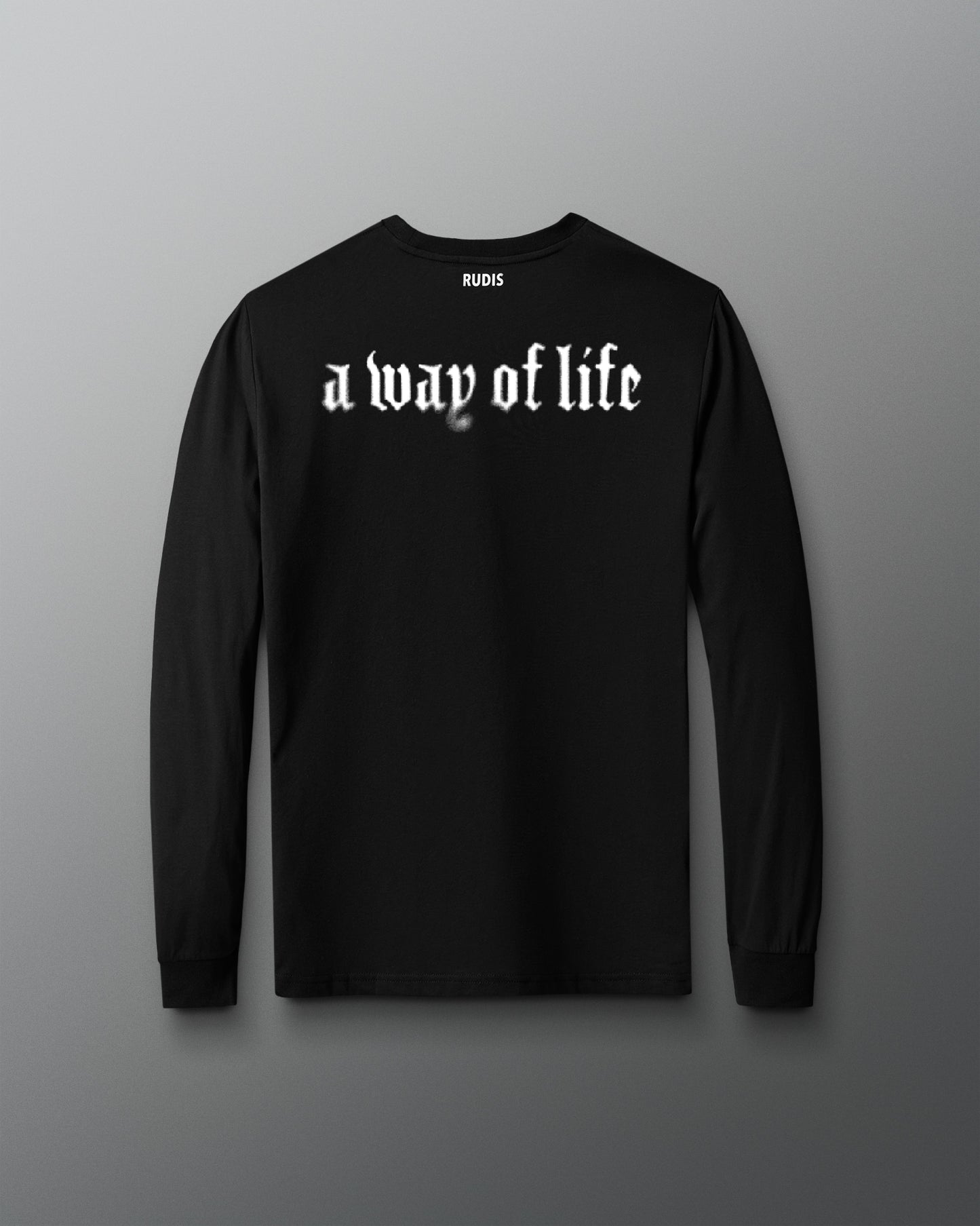 Black long-sleeve shirt with 'a way of life' text on a gray background