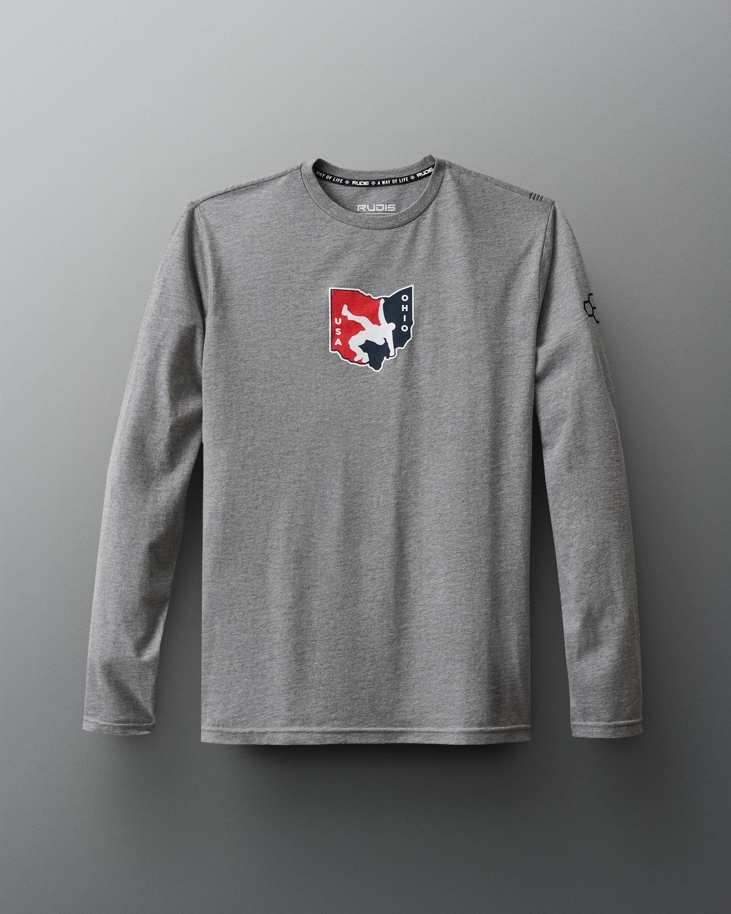 Front view of the RUDIS Team Ohio USA Long Sleeve shirt in gray, featuring the official USA Wrestling Team Ohio logo on the chest, designed for athletes who represent strength, pride, and team spirit.