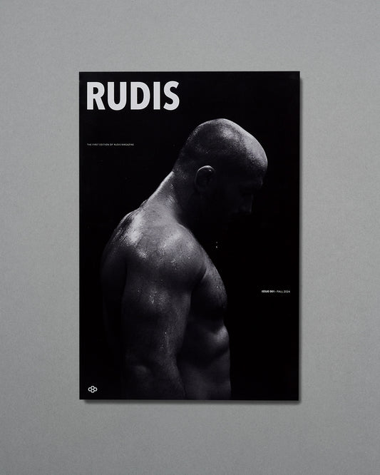 Poster of a muscular man with 'RUDIS' branding on a gray background