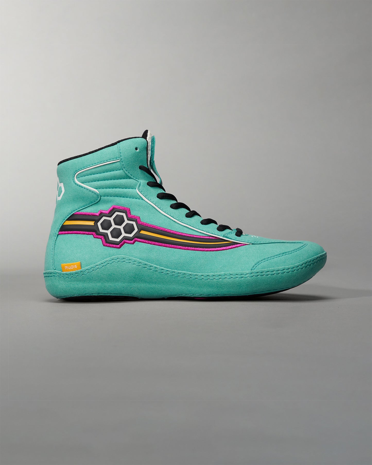 A stylish high-top sneaker in a vibrant turquoise color with dynamic decorative lines and a honeycomb logo