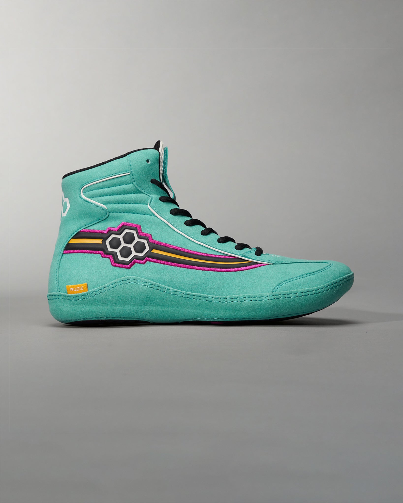 A stylish high-top sneaker in a vibrant turquoise color with dynamic decorative lines and a honeycomb logo