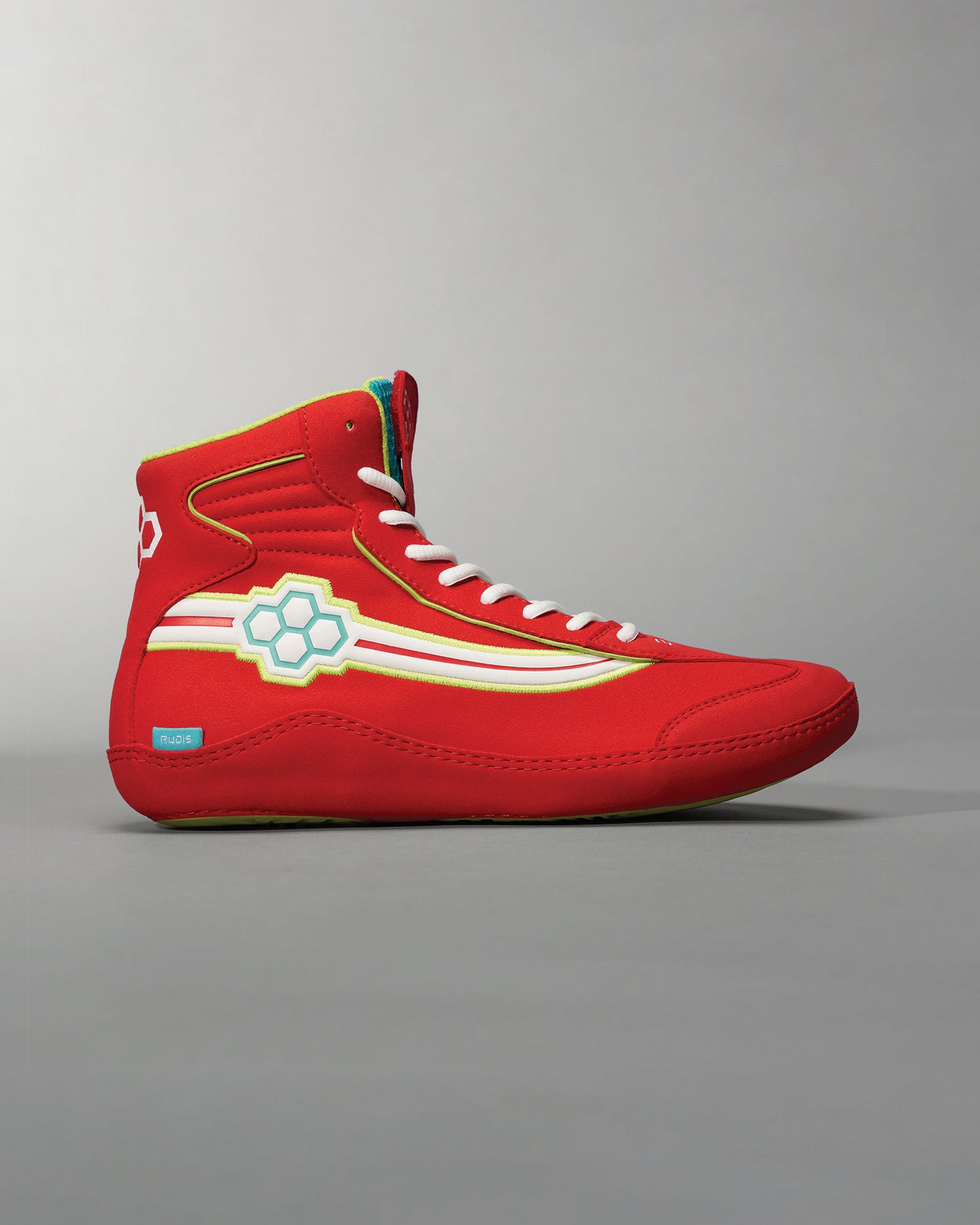 A vibrant red high-top sneaker featuring a sleek design with white and aqua accents ideal for sporty and casual styles