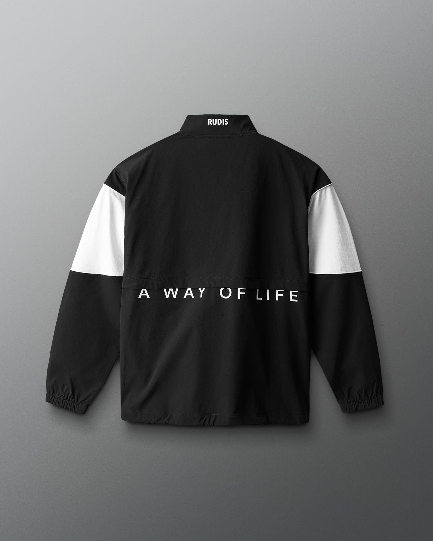Black jacket with white sleeves and 'A Way of Life' text on a gray background