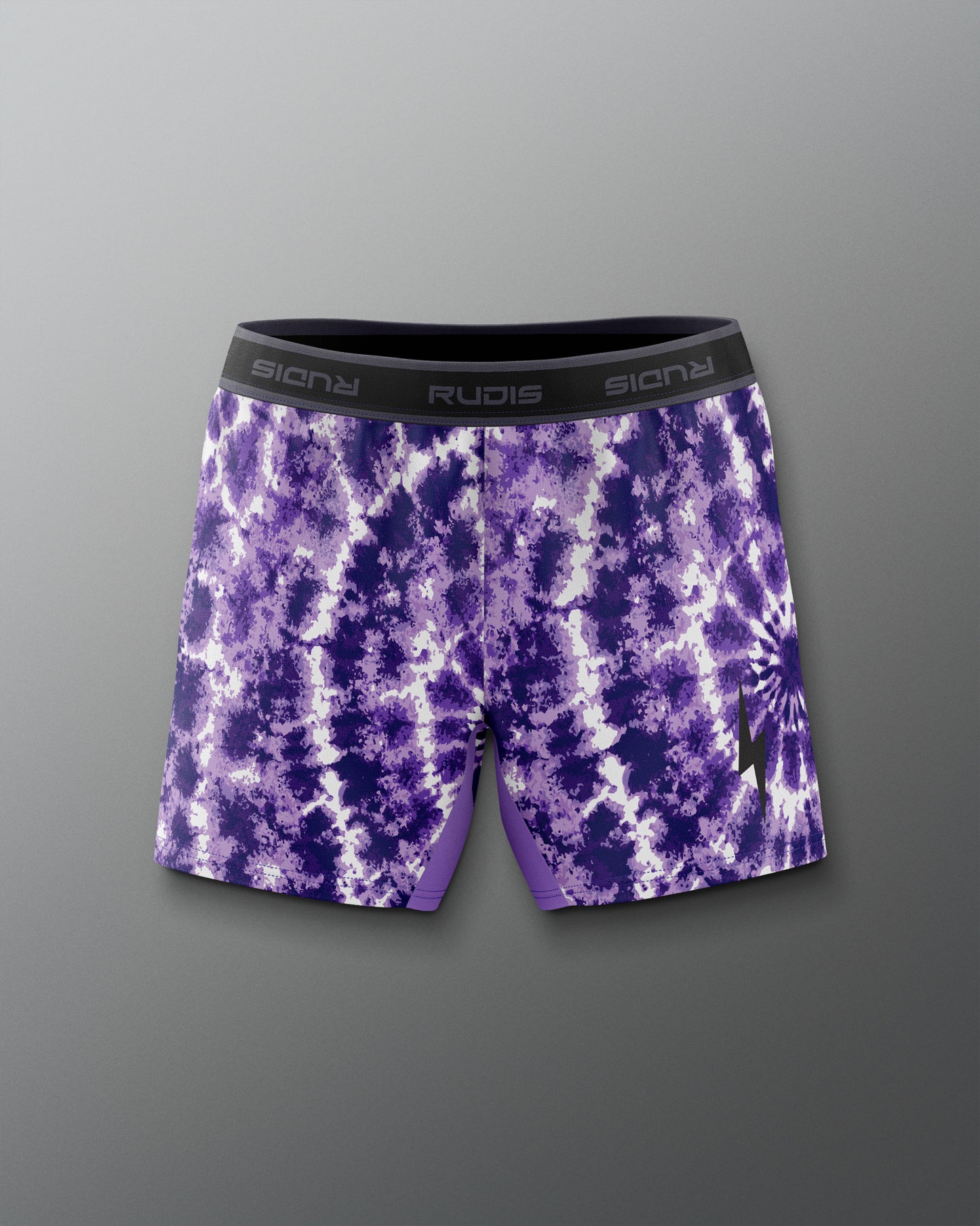 Purple tie-dye shorts with a brand logo on a gray background