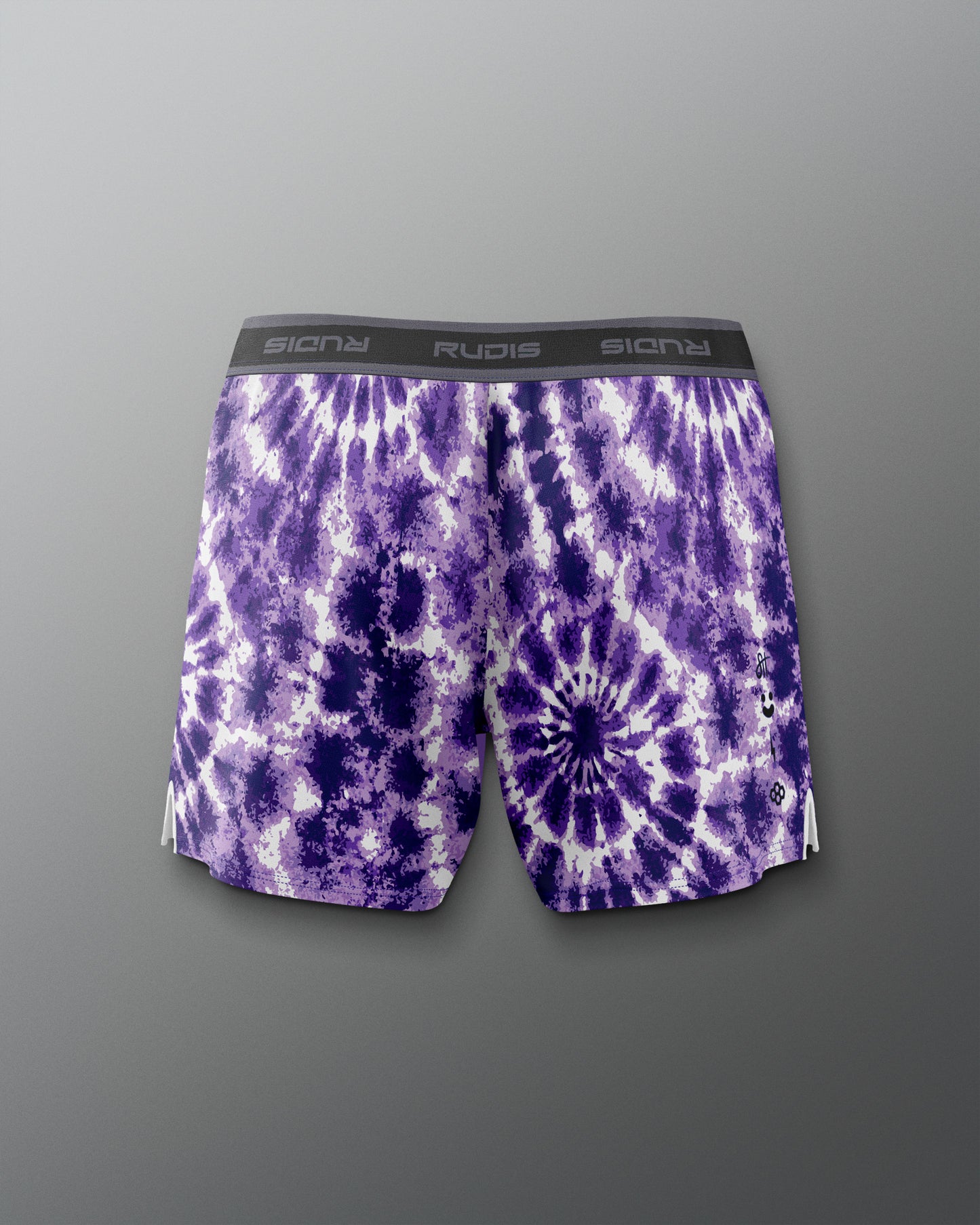 Purple tie-dye shorts with a brand logo on a gray background