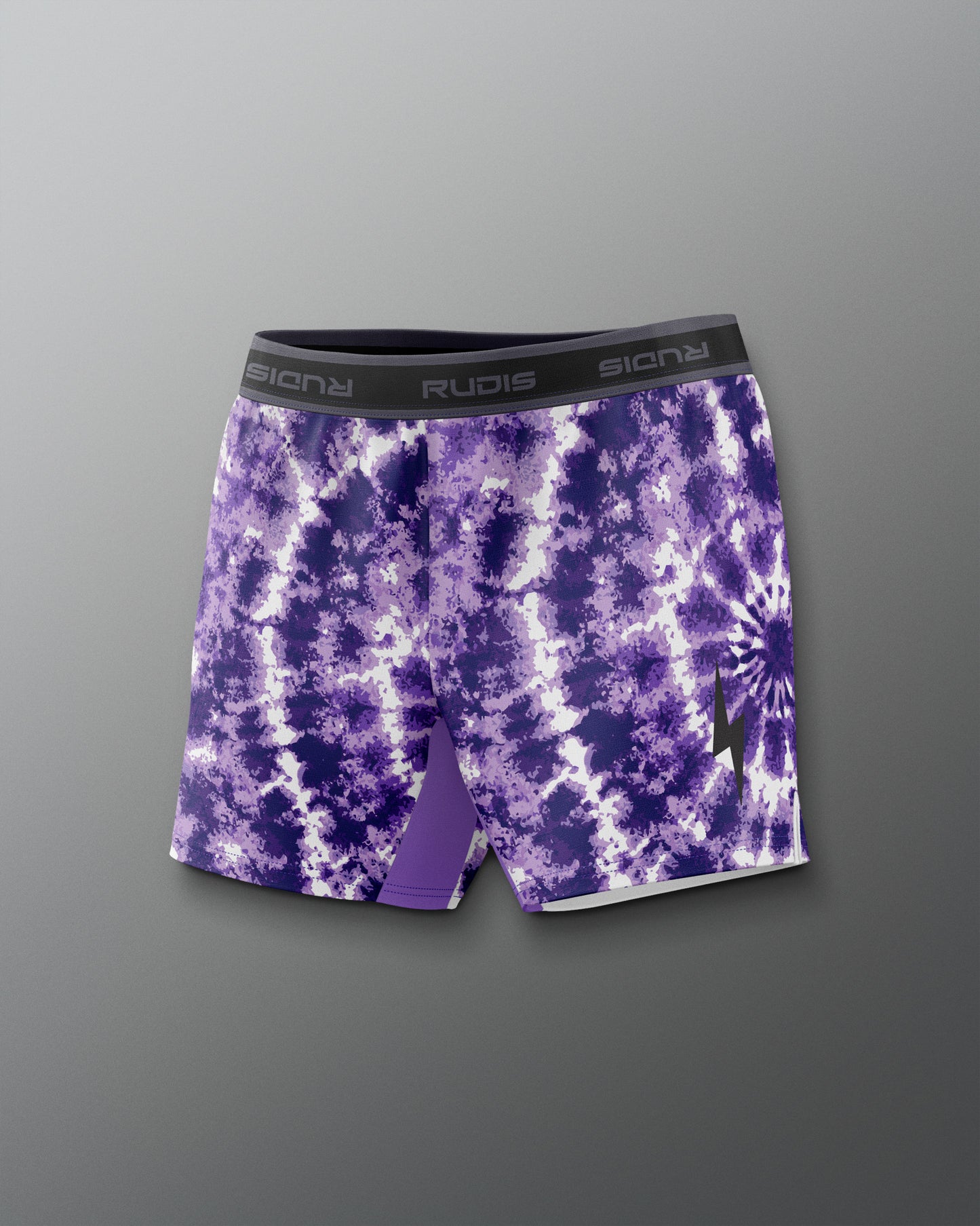 Purple tie-dye shorts with a brand logo on a gray background