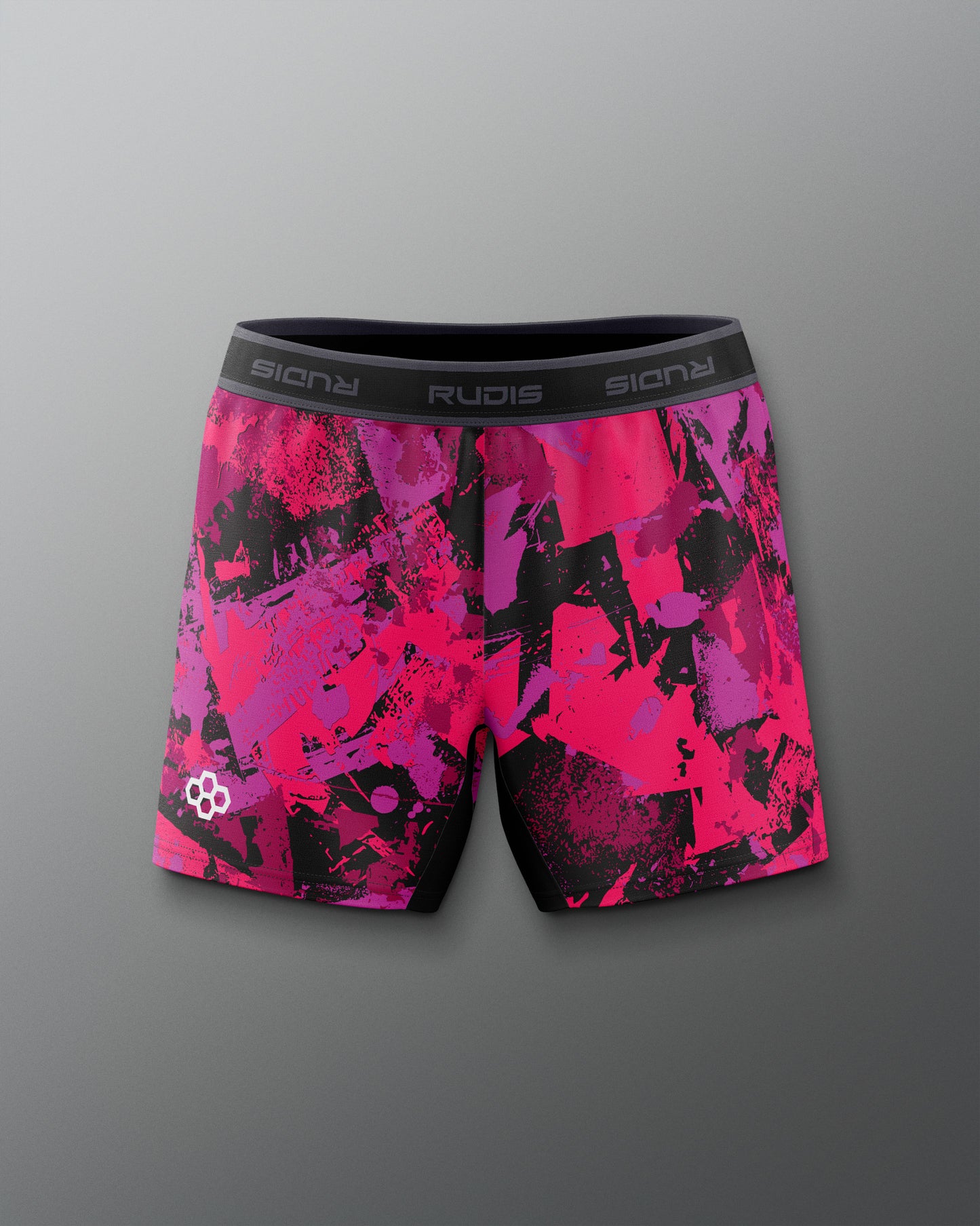 Pink and black patterned shorts with brand logo on a gray background