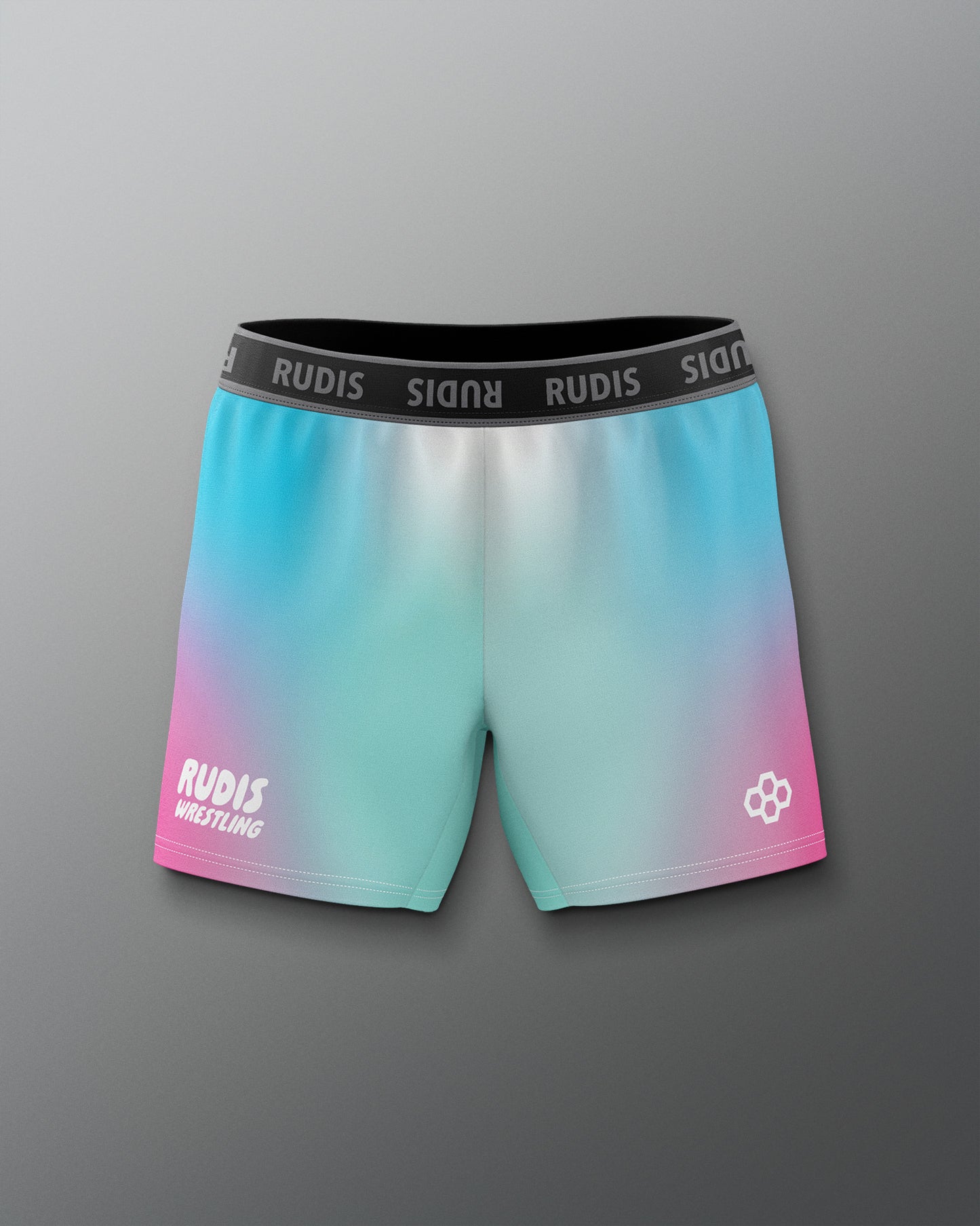 Gradient shorts with 'RUDIS' branding on a gray background