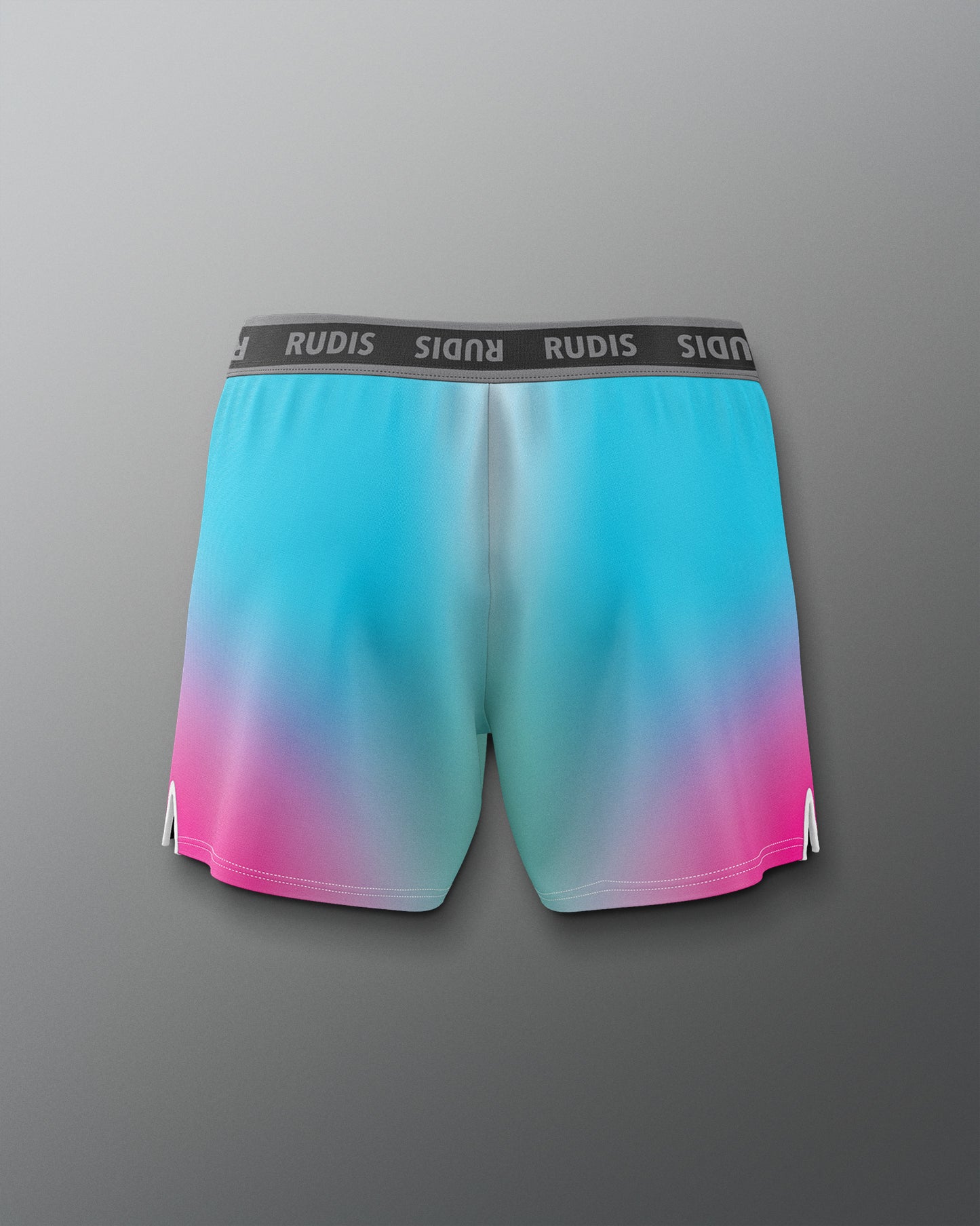 Gradient shorts with blue, pink, and white colors on a gray background
