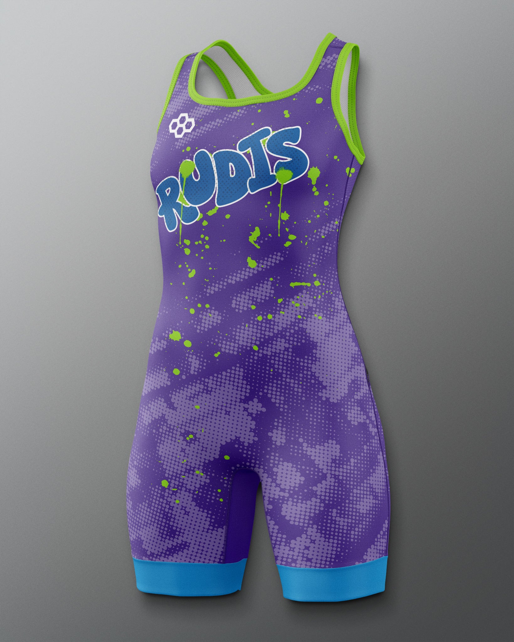 Front view of the RUDIS Strive Women’s Elite 2.0 Wrestling Singlet in purple with green trim, featuring a bold RUDIS logo in blue graffiti style with neon green splatter accents and blue leg cuffs.