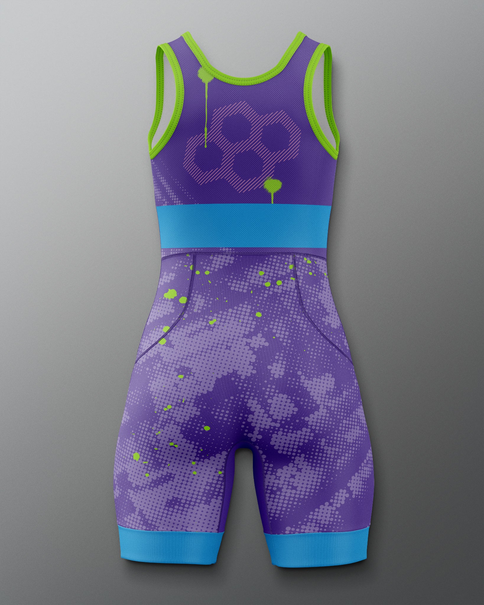 Back view of the RUDIS Strive Women’s Elite 2.0 Wrestling Singlet in purple with green trim, featuring a racerback design, neon green accents, and blue leg cuffs with a subtle pixelated texture pattern.
