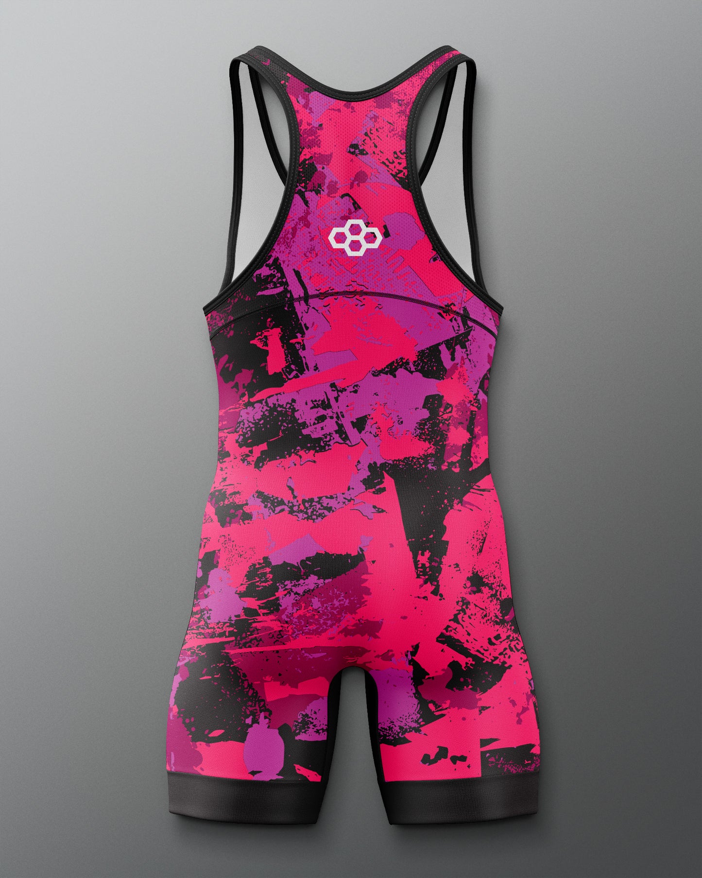 Pink and black athletic suit with a logo on a gray background