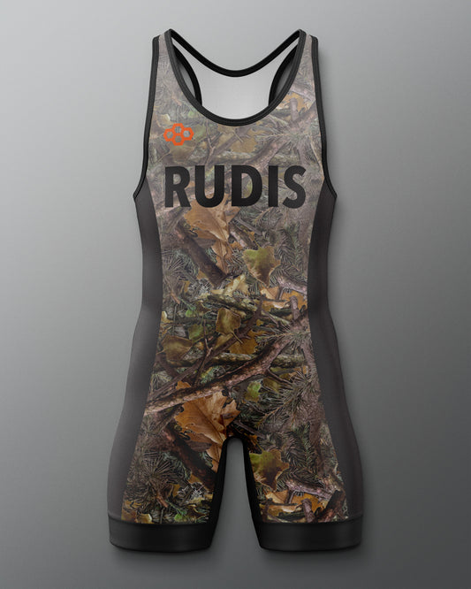 Camouflage wrestling singlet with 'RUDIS' branding on a gray background