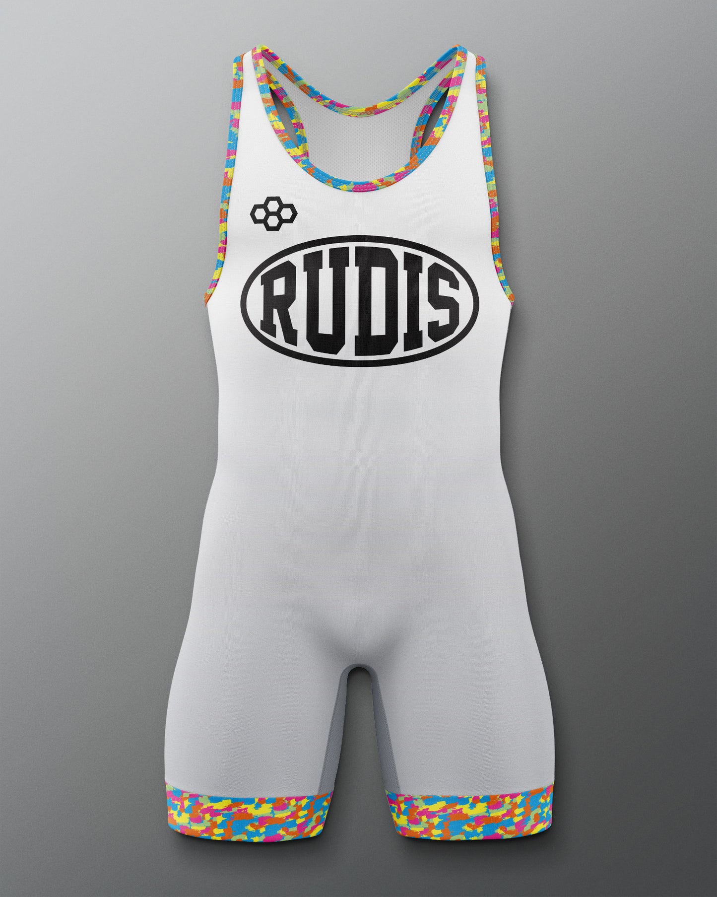 Gray wrestling singlet with colorful accents and 'RUDIS' branding on a gray background