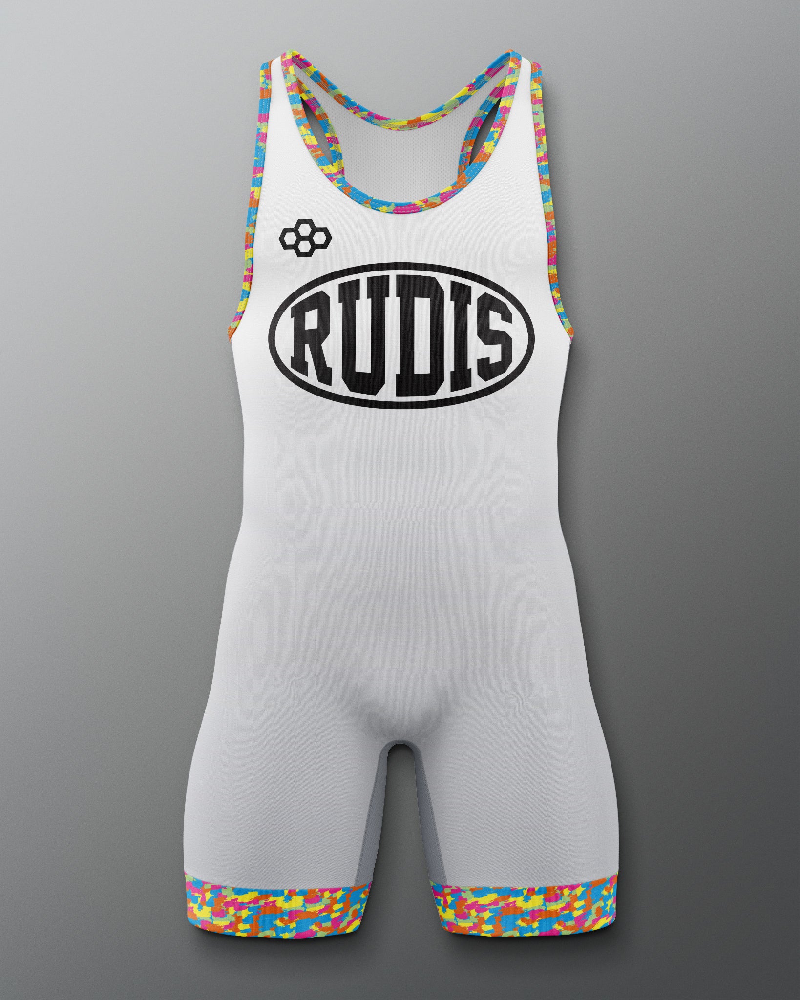 Gray wrestling singlet with colorful accents and 'RUDIS' branding on a gray background