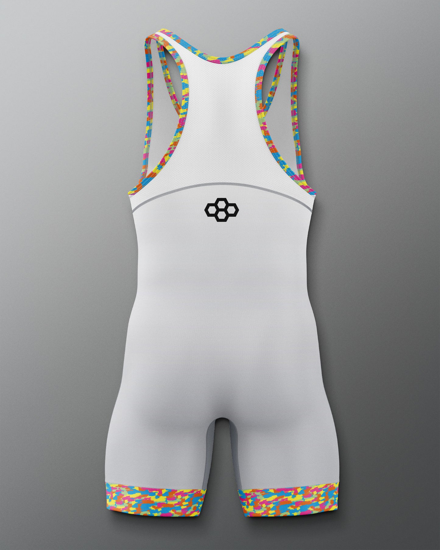 Gray wrestling singlet with colorful straps on a gray background
