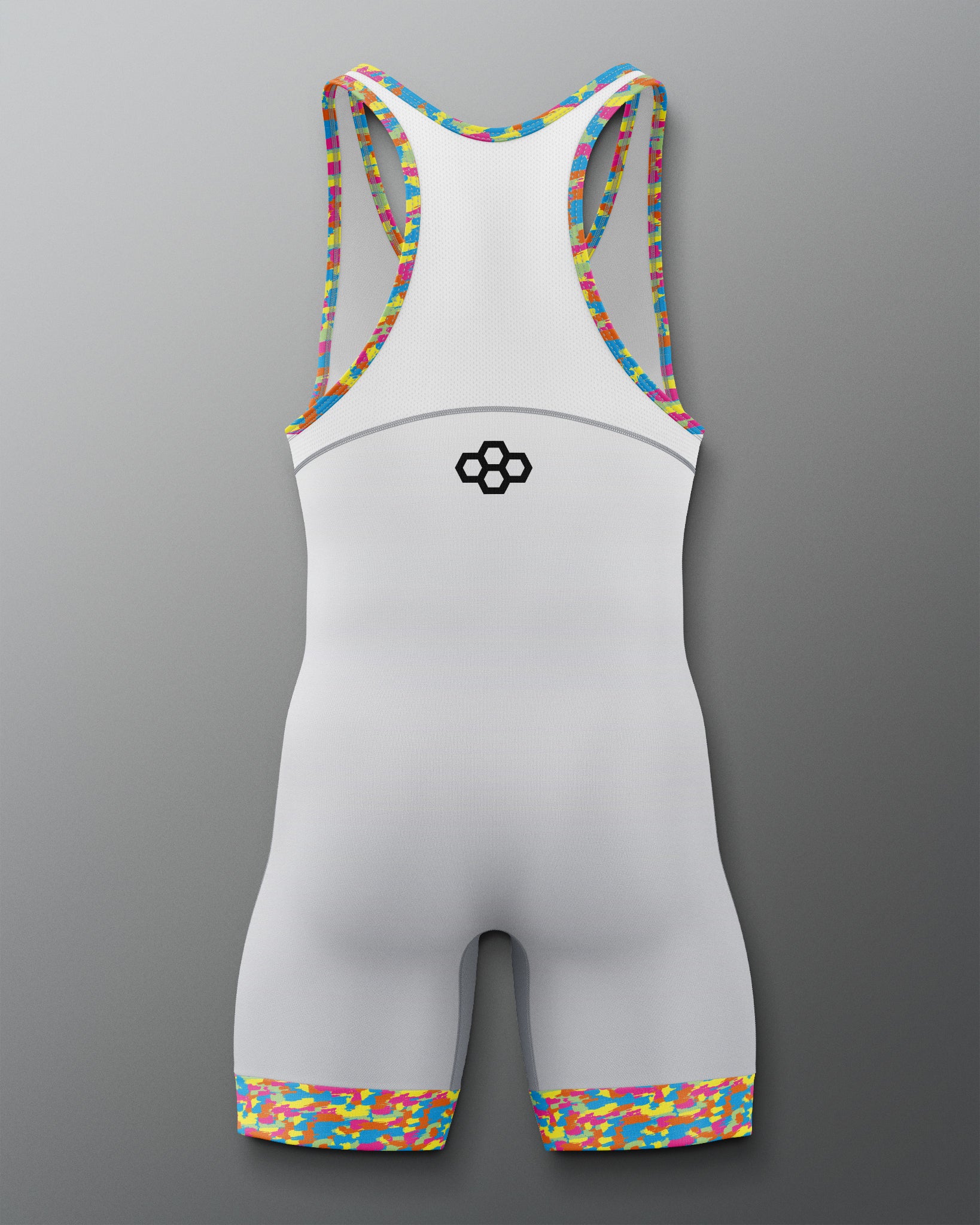 Gray wrestling singlet with colorful straps on a gray background