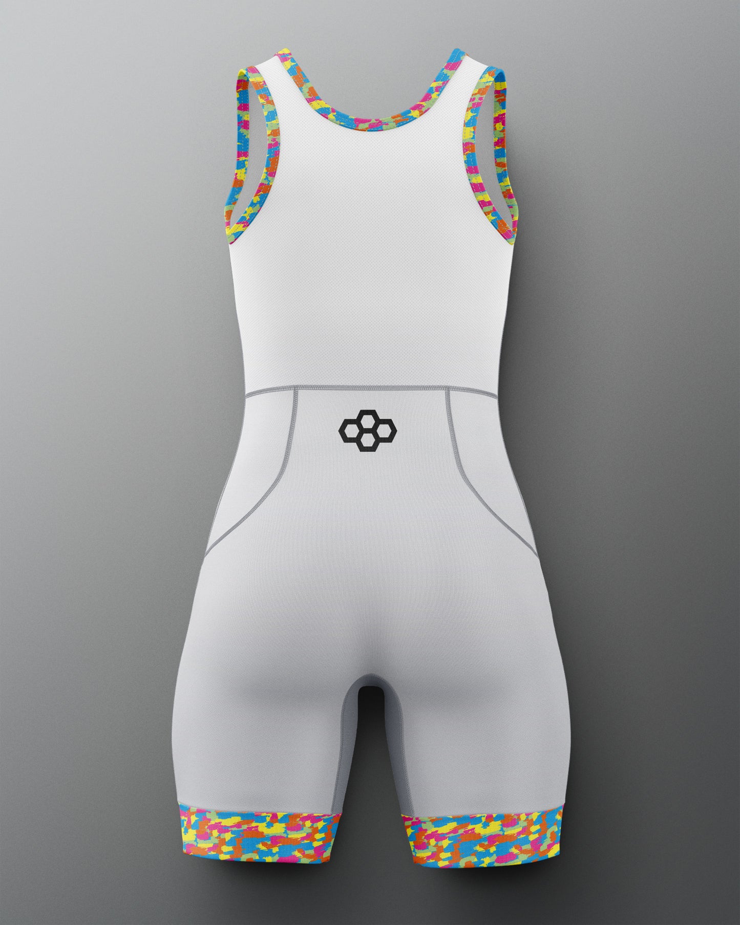 White athletic suit with colorful accents on a gray background