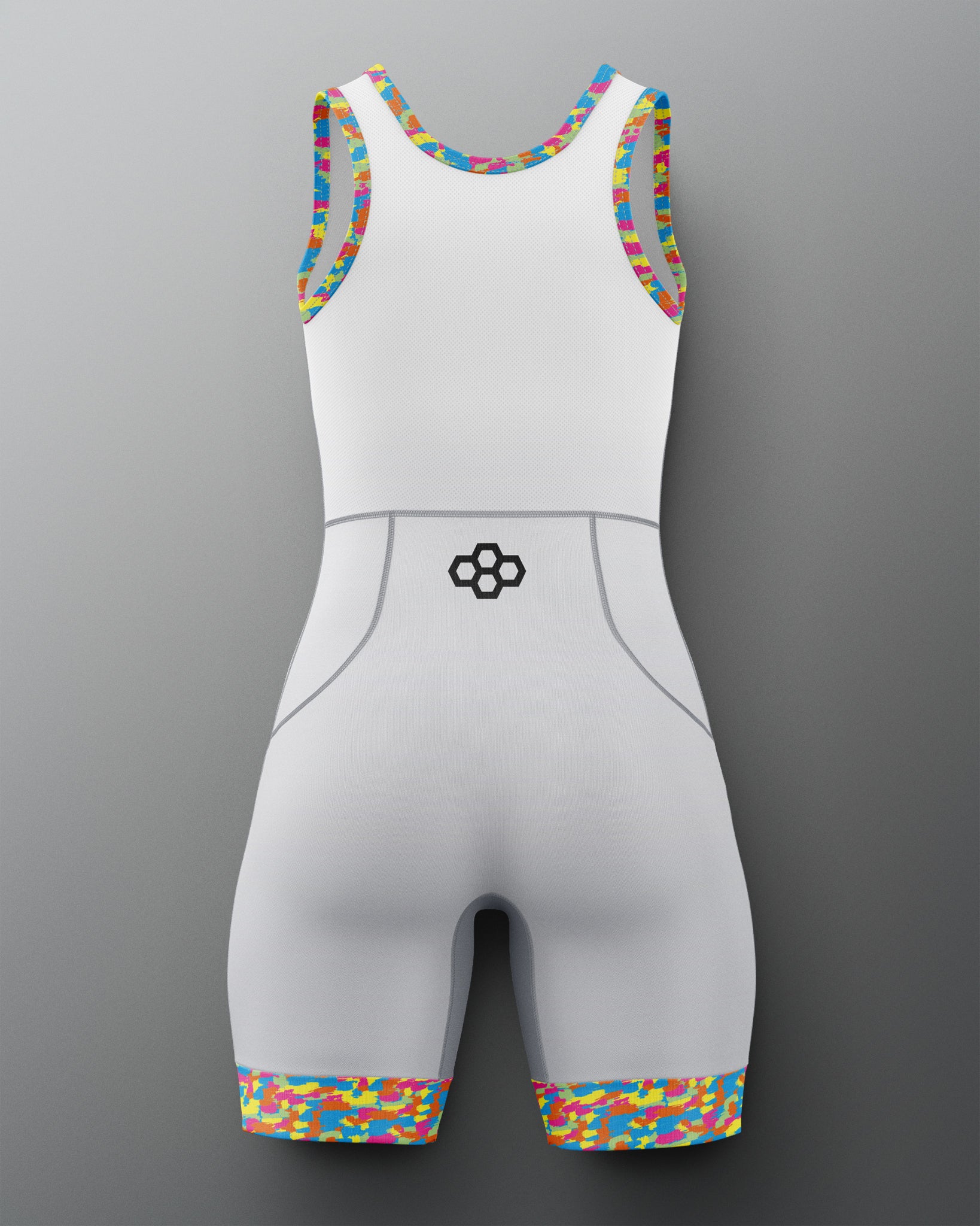 White athletic suit with colorful accents on a gray background