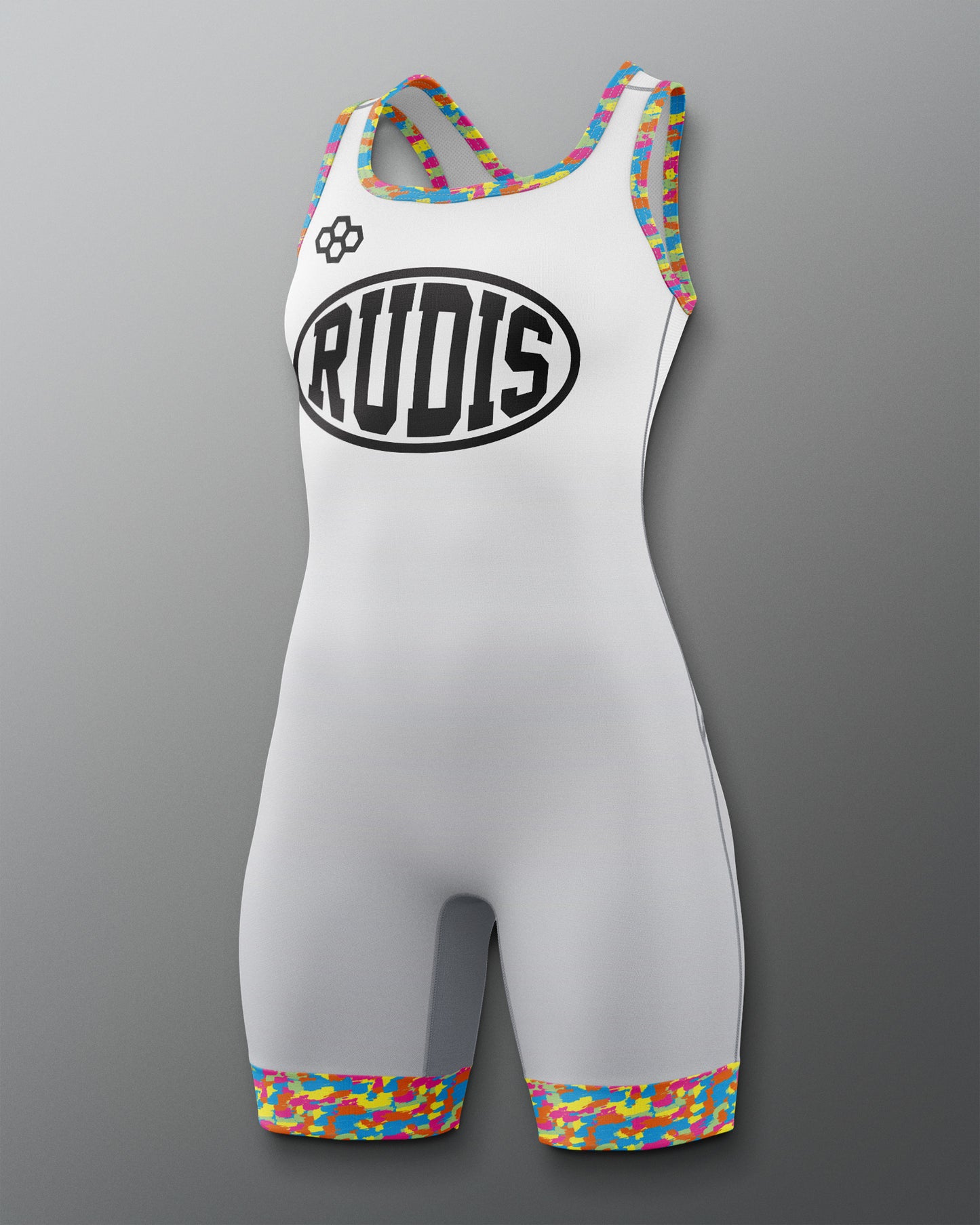 White athletic suit with colorful accents and 'RUDIS' branding on a gray background