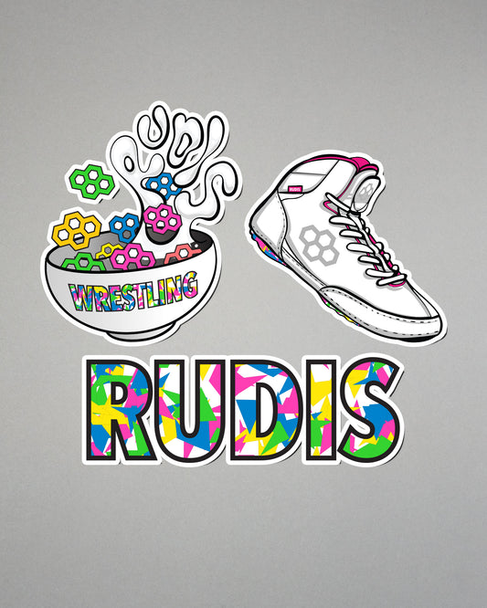 Colorful wrestling-themed stickers with text on a gray background