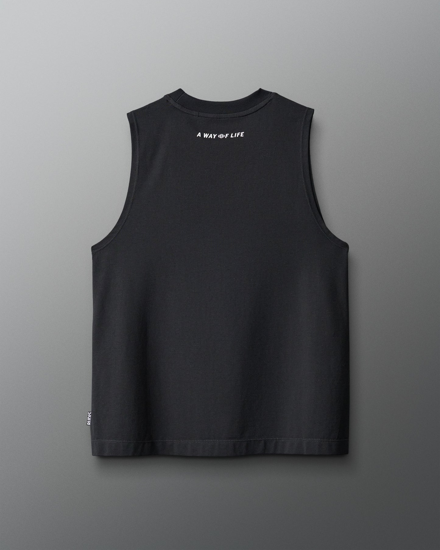 Black sleeveless shirt with text on the back against a gray background
