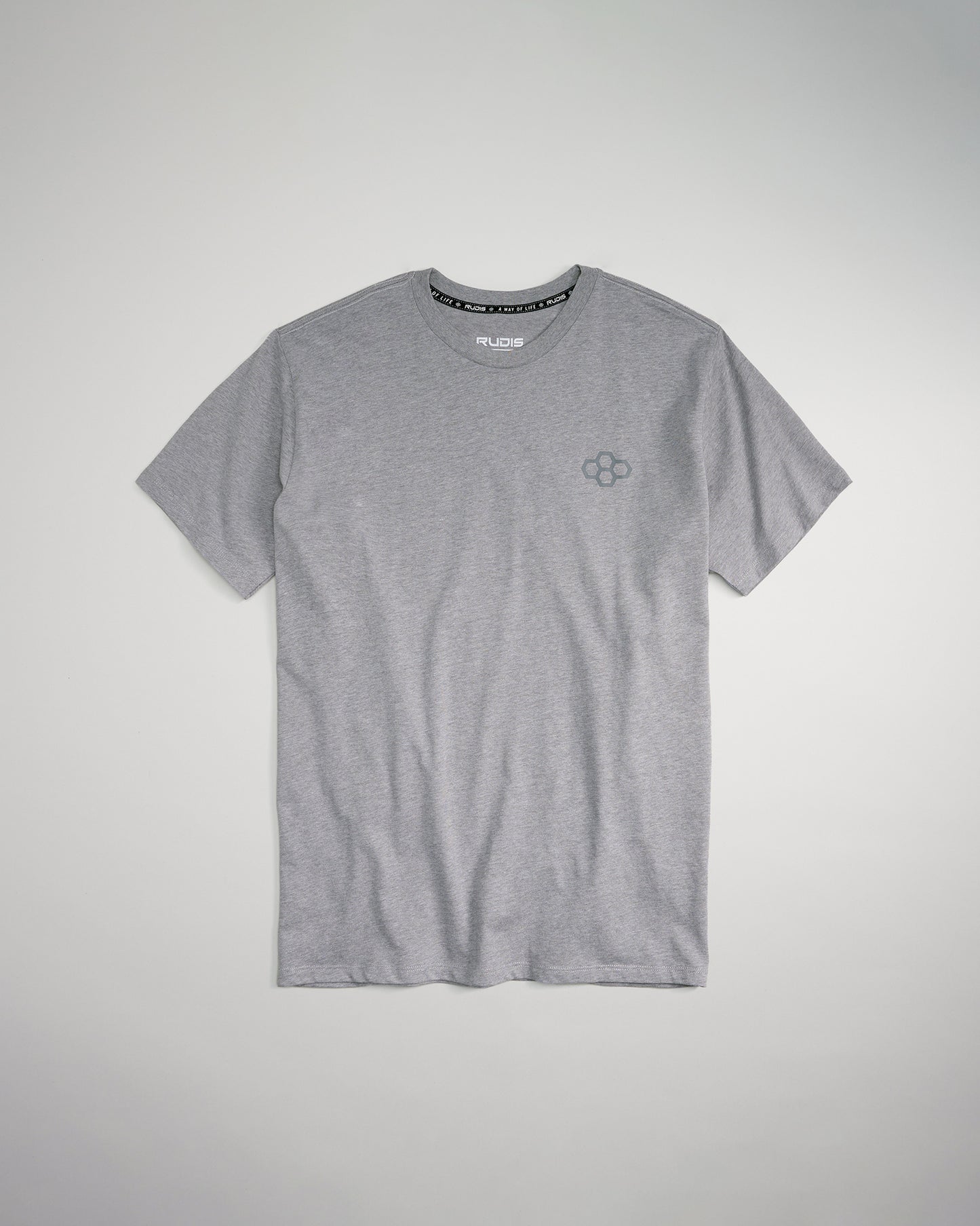 A gray short-sleeved t-shirt featuring a subtle design on the chest and a branded collar