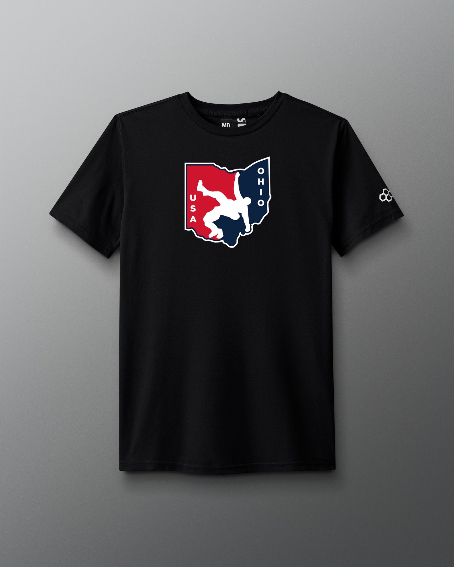 Black t-shirt with a state of Ohio USA Wrestling graphic design on a gray background