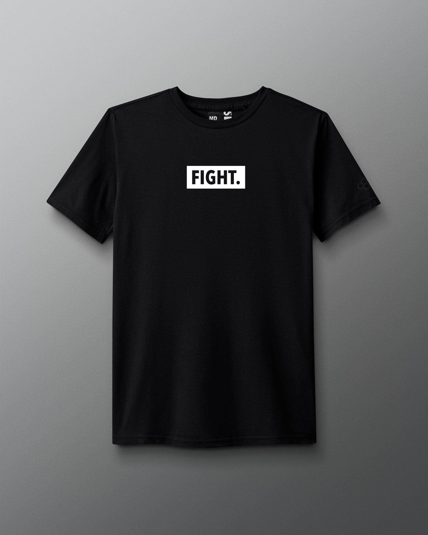 Black t-shirt with the word 'FIGHT.' printed in white on the front.