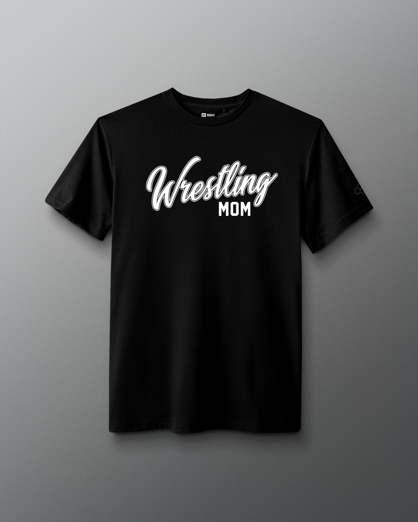 Front view of a black T-shirt with the words ‘Wrestling Mom’ printed in bold white script and block lettering across the chest.