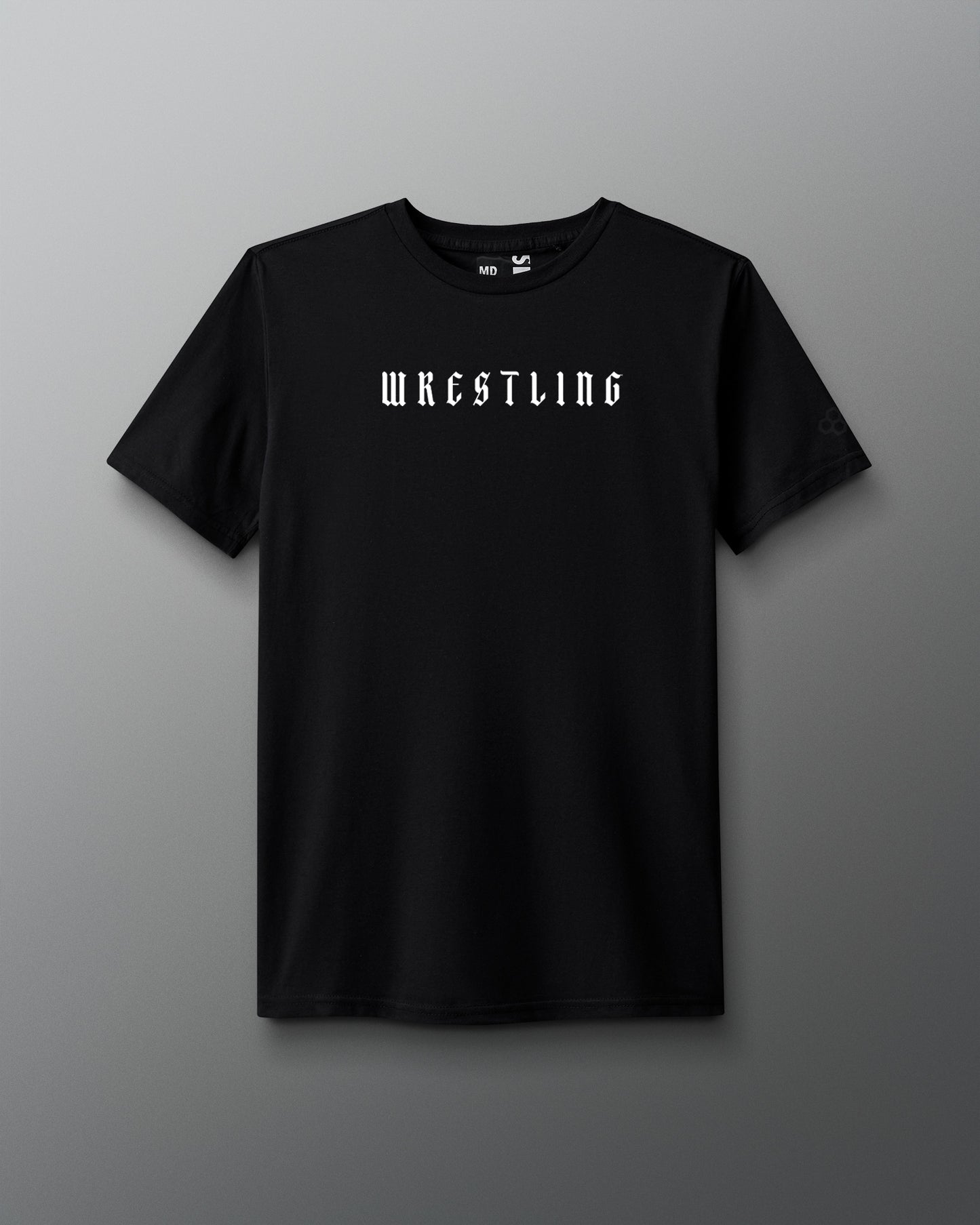 Front view of a black T-shirt with the word ‘Wrestling’ printed in bold white gothic-style font across the chest.