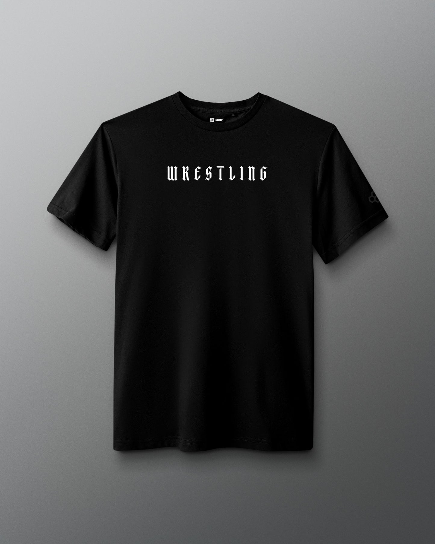 Front view of a black T-shirt with the word ‘Wrestling’ printed in bold white gothic-style font across the chest.
