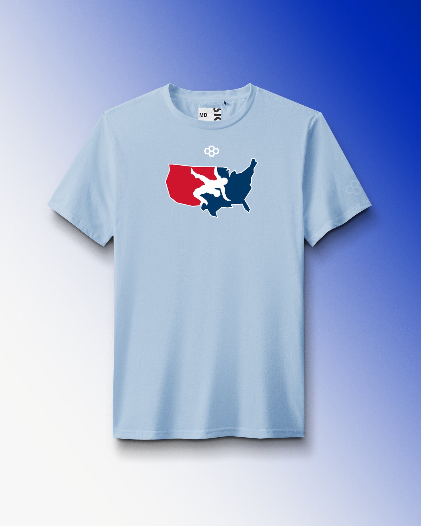 USA Wrestling Light blue t-shirt with a graphic design on a gradient background