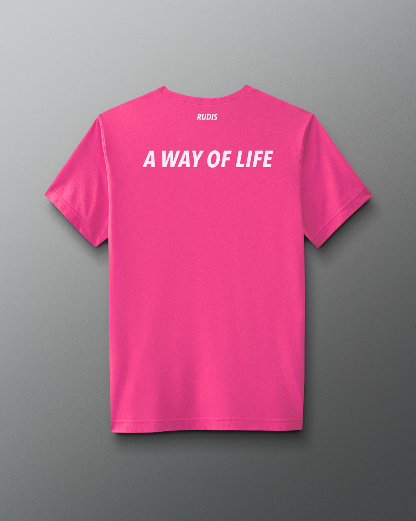 Pink t-shirt with 'A Way of Life' text on a gradient background