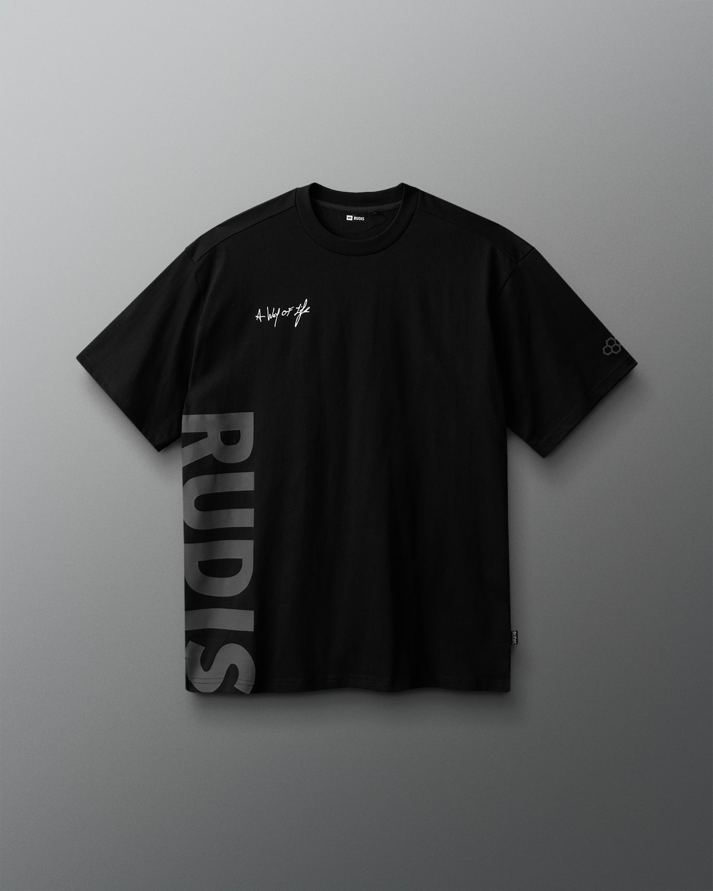 Black t-shirt with 'RUDIS' branding on a gray background