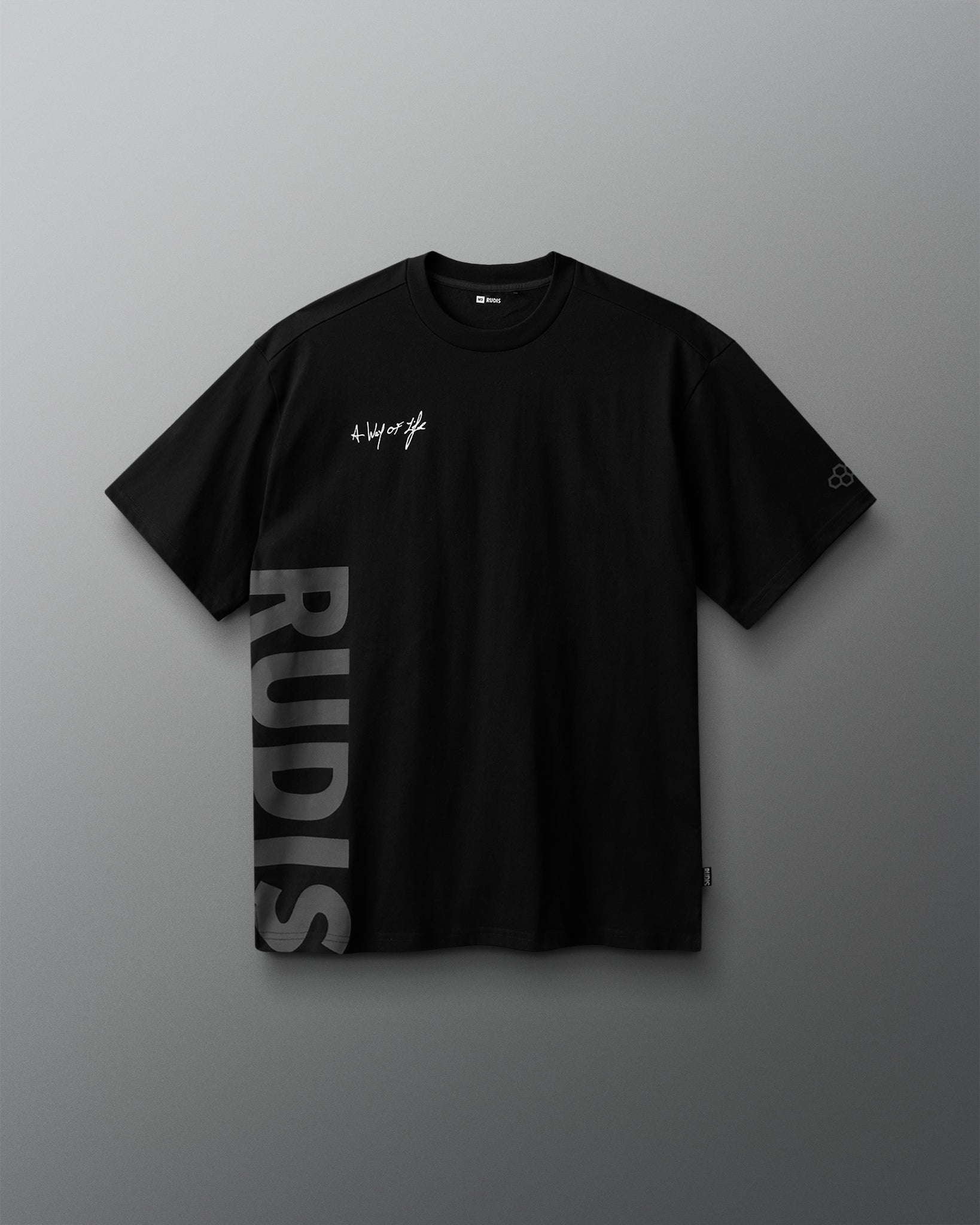 Black t-shirt with 'RUDIS' branding on a gray background