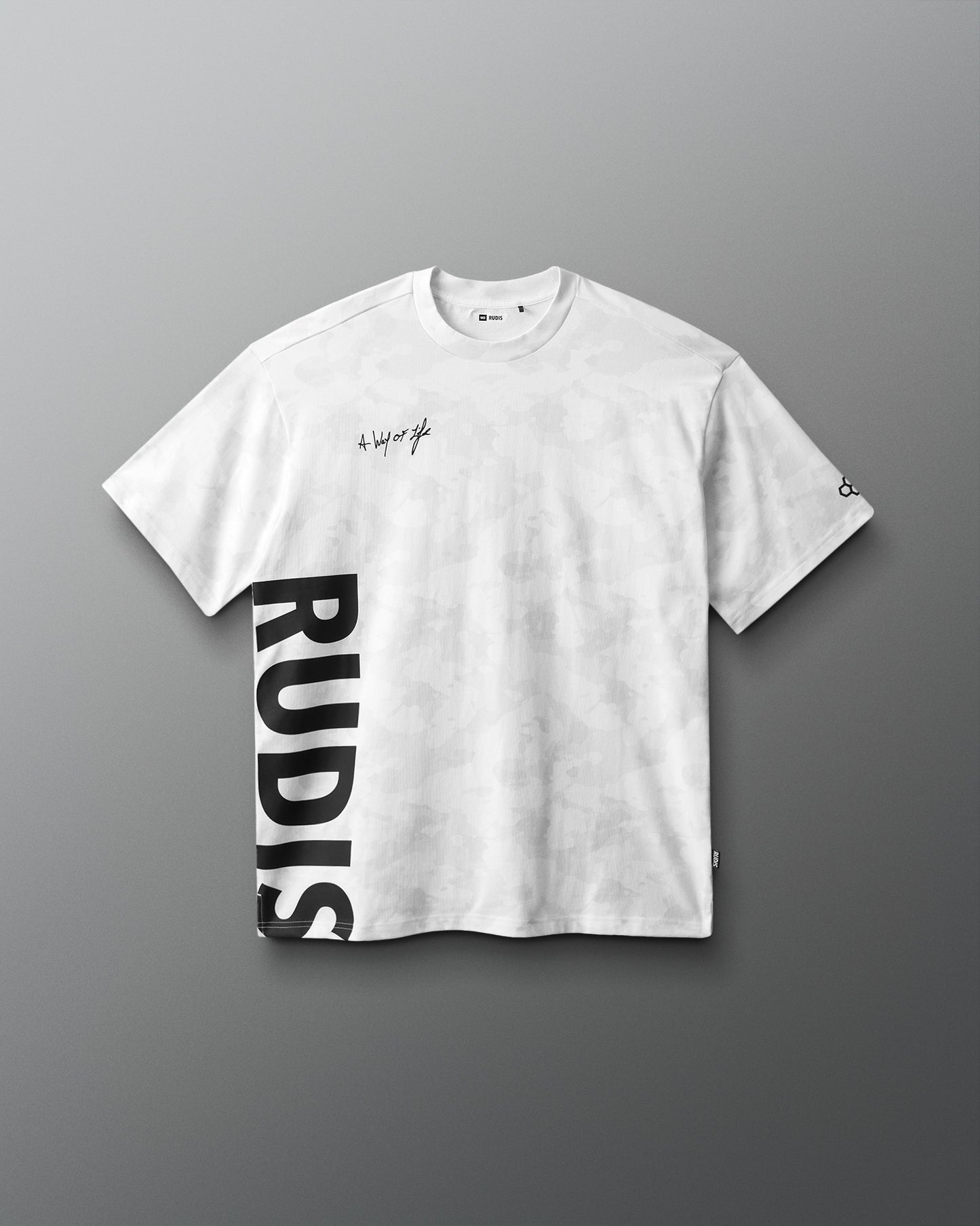 White t-shirt with black text on a gray background