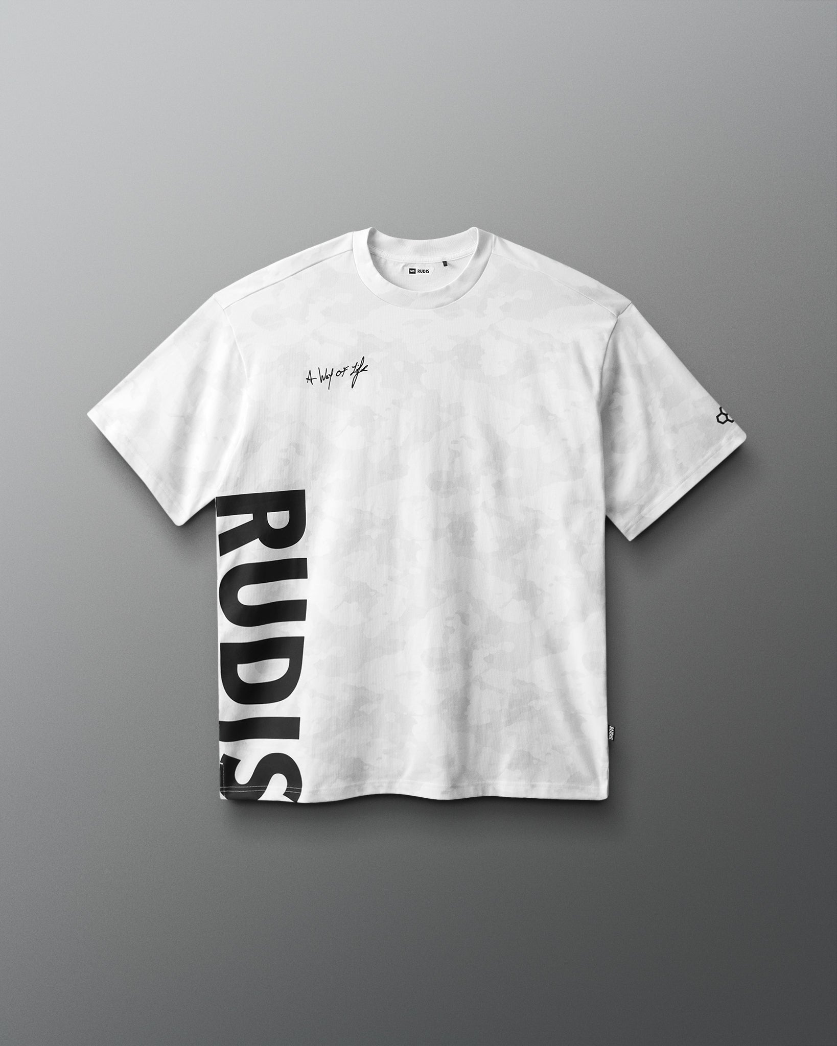 White t-shirt with black text on a gray background