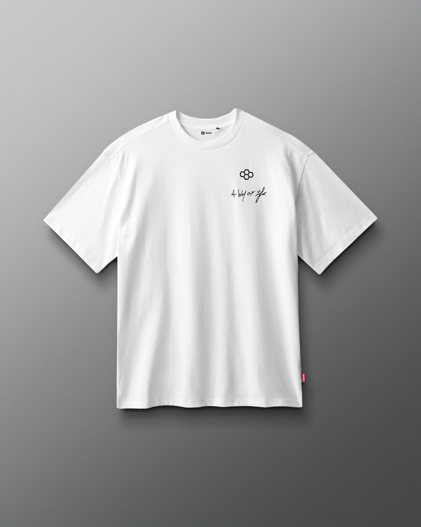 White t-shirt with a logo and text on a gray background